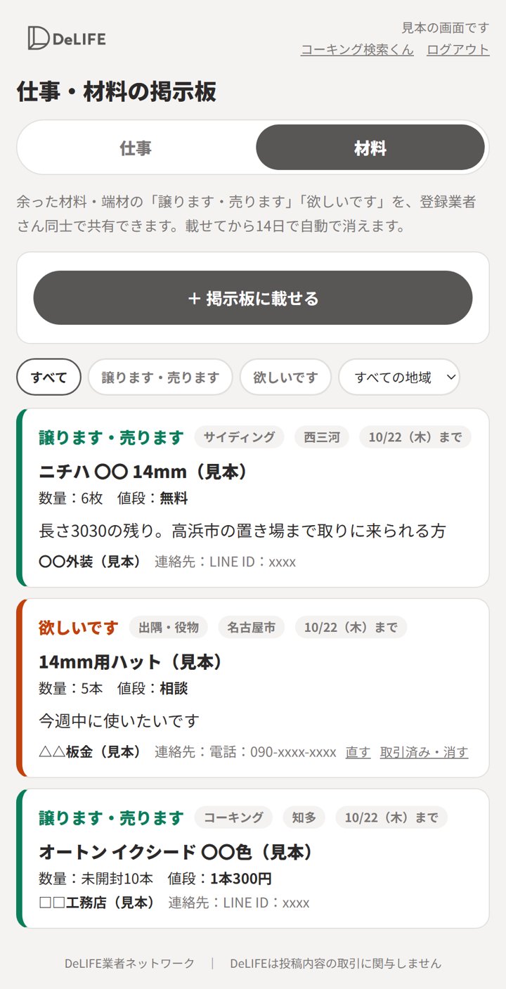 掲示板の材料タブの見本。譲ります・売ります、欲しいですの投稿に品名・数量・値段が出ている